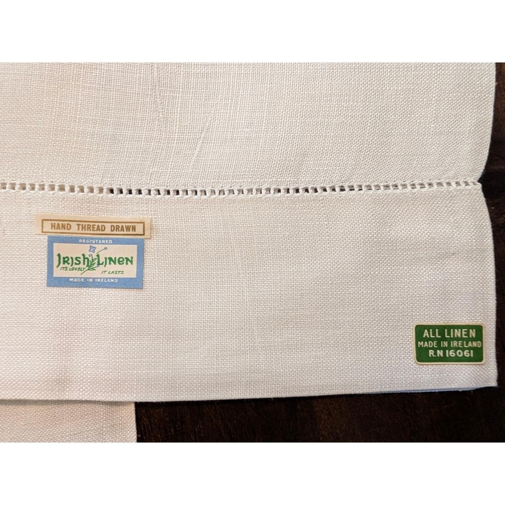 Irish Linen Pillow Cases 20x32 White Vintage Hemstitch Hand Thread Drawn Set 2